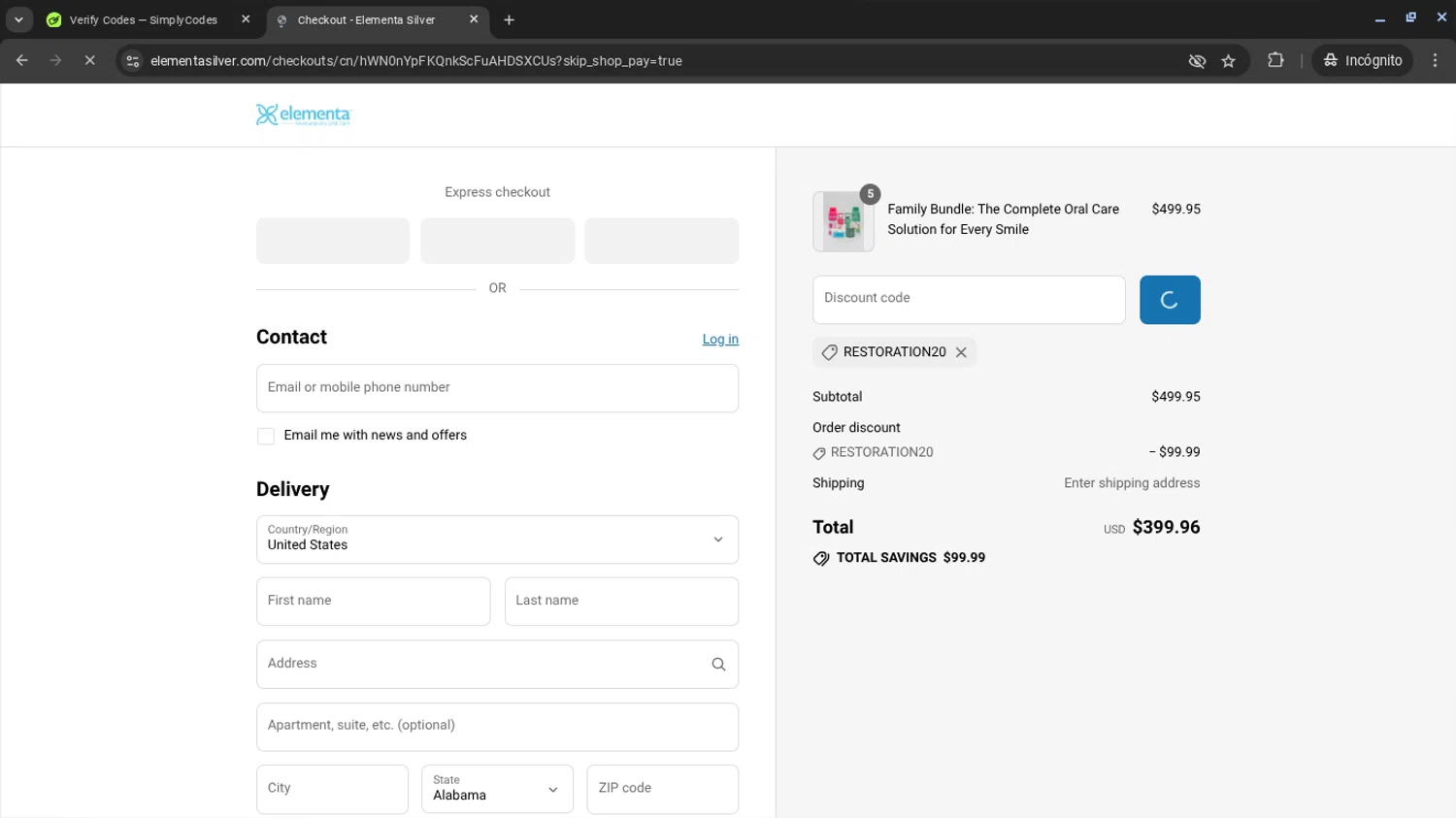 Elementa Silver coupon code screenshot showing code restoration20 applied at Elementa Silver checkout page. Uploaded by SimplyCodes community member AVAMUSTANG on Jul 19, 2025