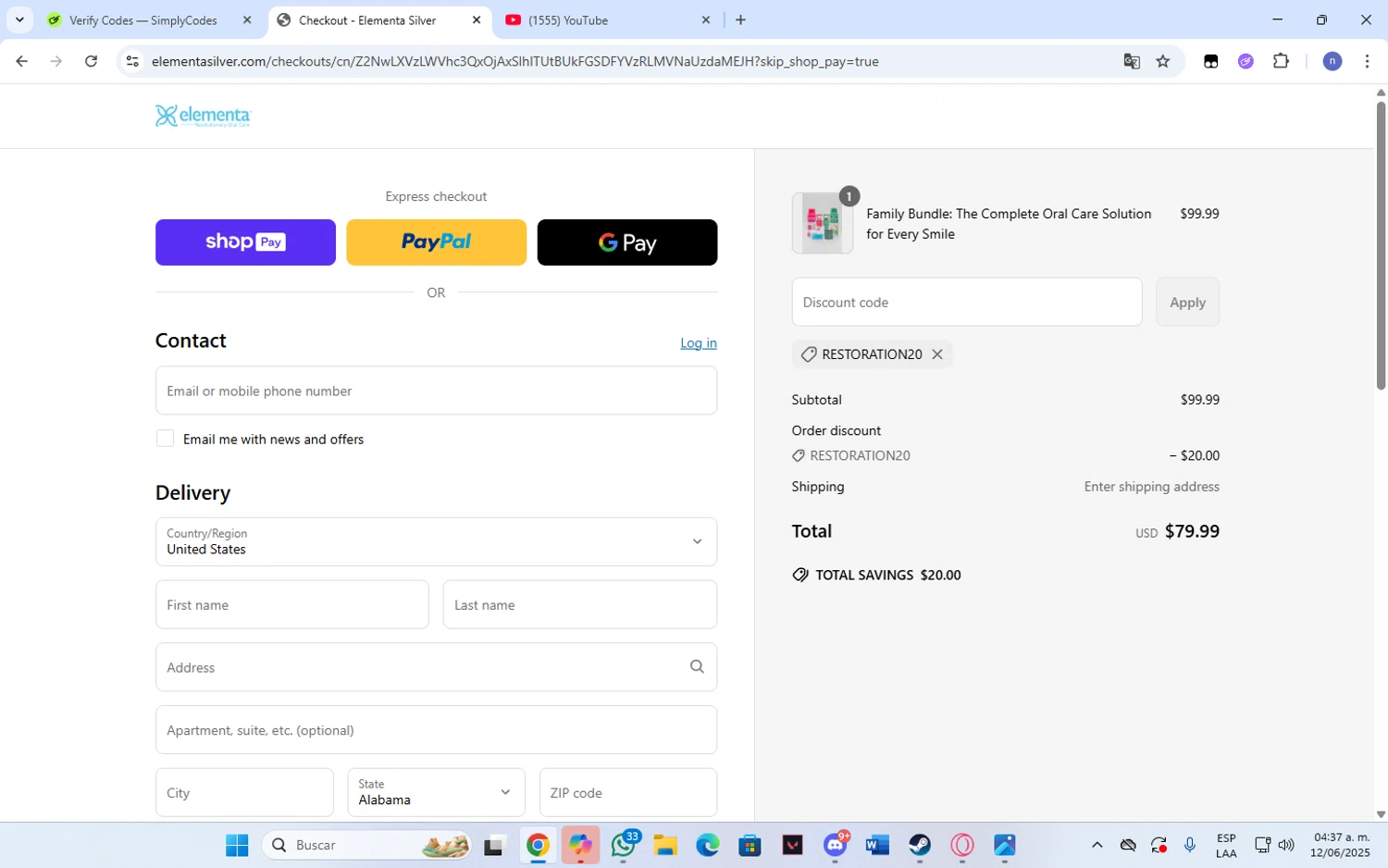 Elementa Silver coupon code screenshot showing code restoration20 applied at Elementa Silver checkout page. Uploaded by SimplyCodes community member Franka on Jun 12, 2025