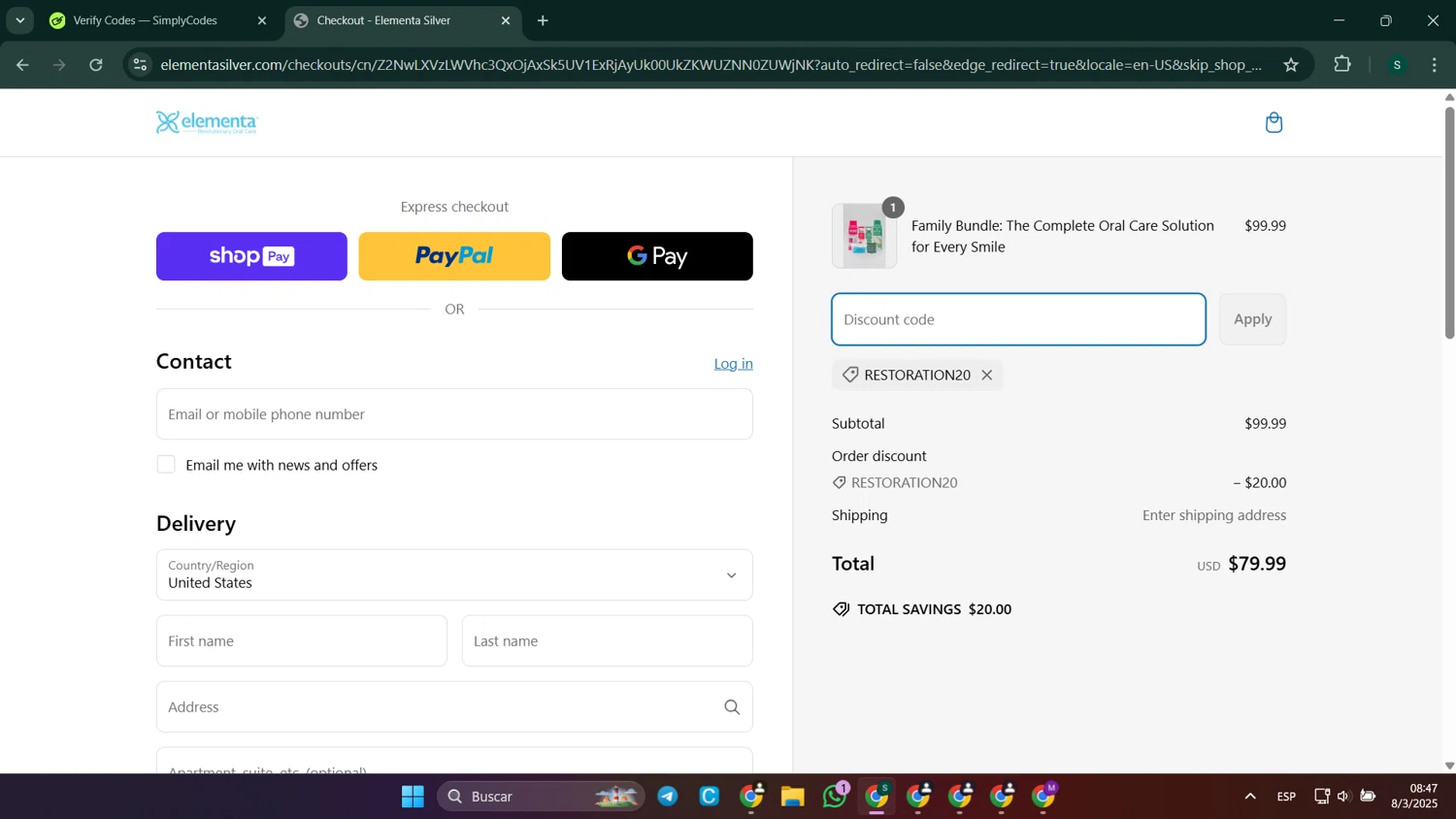Elementa Silver coupon code screenshot showing code restoration20 applied at Elementa Silver checkout page. Uploaded by SimplyCodes community member SaleHunter9008 on Mar 8, 2025