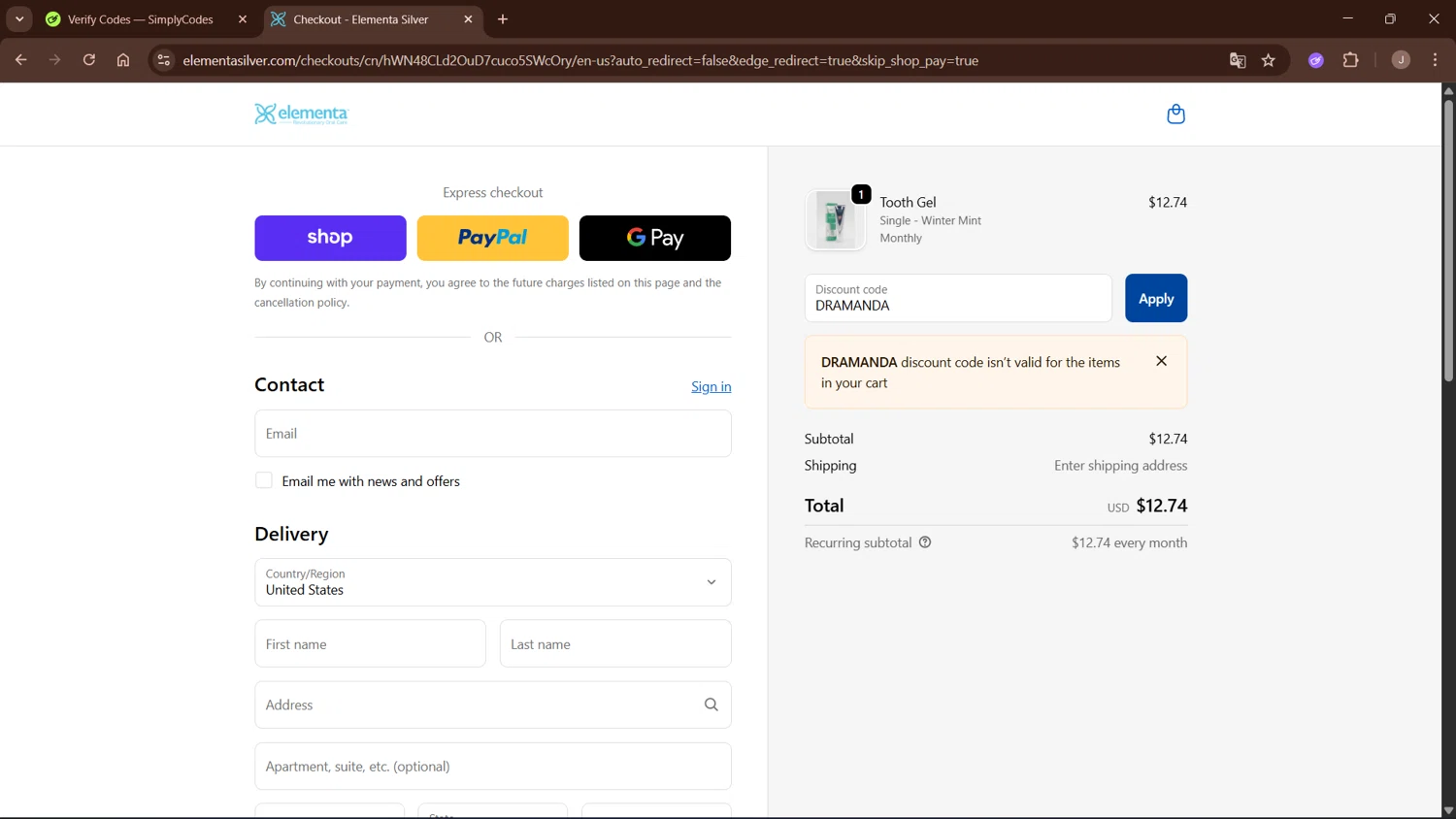 Elementa Silver coupon code screenshot showing code DRAMANDA applied at Elementa Silver checkout page. Uploaded by SimplyCodes community member WisePro3955 on Oct 15, 2025