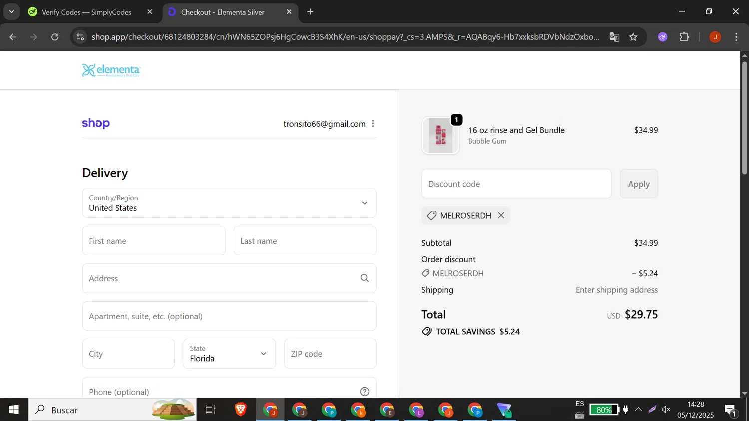 Elementa Silver coupon code screenshot showing code MELROSERDH applied at Elementa Silver checkout page. Uploaded by SimplyCodes community member DORIANGEL on Dec 5, 2025