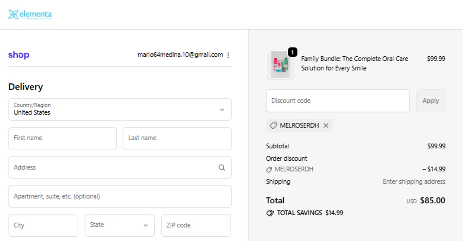 Elementa Silver coupon code screenshot showing code MELROSERDH applied at Elementa Silver checkout page. Uploaded by SimplyCodes community member paquitin29 on Oct 7, 2025