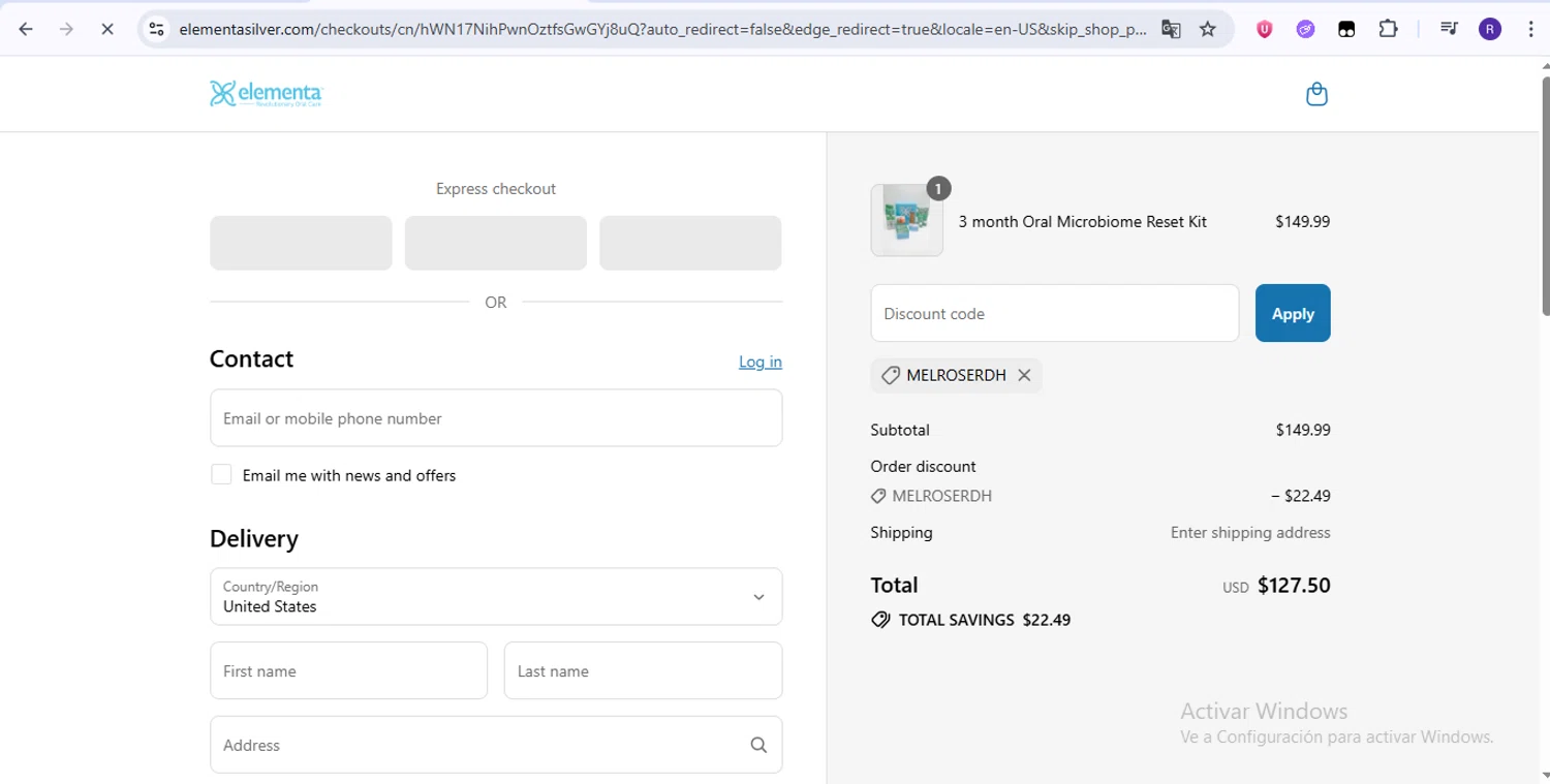 Elementa Silver coupon code screenshot showing code MELROSERDH applied at Elementa Silver checkout page. Uploaded by SimplyCodes community member zurdinha on Jul 27, 2025