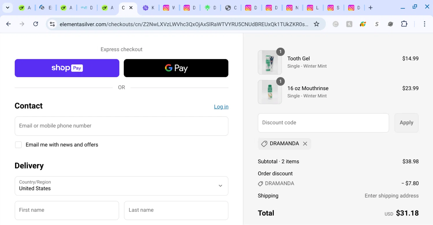 Elementa Silver coupon code screenshot showing code dramanda applied at Elementa Silver checkout page. Uploaded by SimplyCodes community member KarinaHZ on May 11, 2025