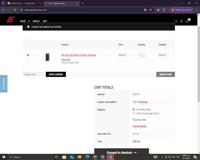 Element Case checkout page showing Element Case promo code box | Screenshot taken by SimplyCodes community member on Jan 4, 2025