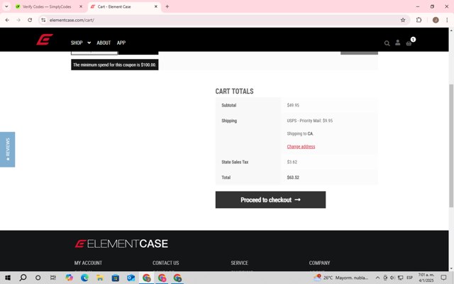 Element Case checkout page showing Element Case promo code box | Screenshot taken by SimplyCodes community member on Jan 4, 2025