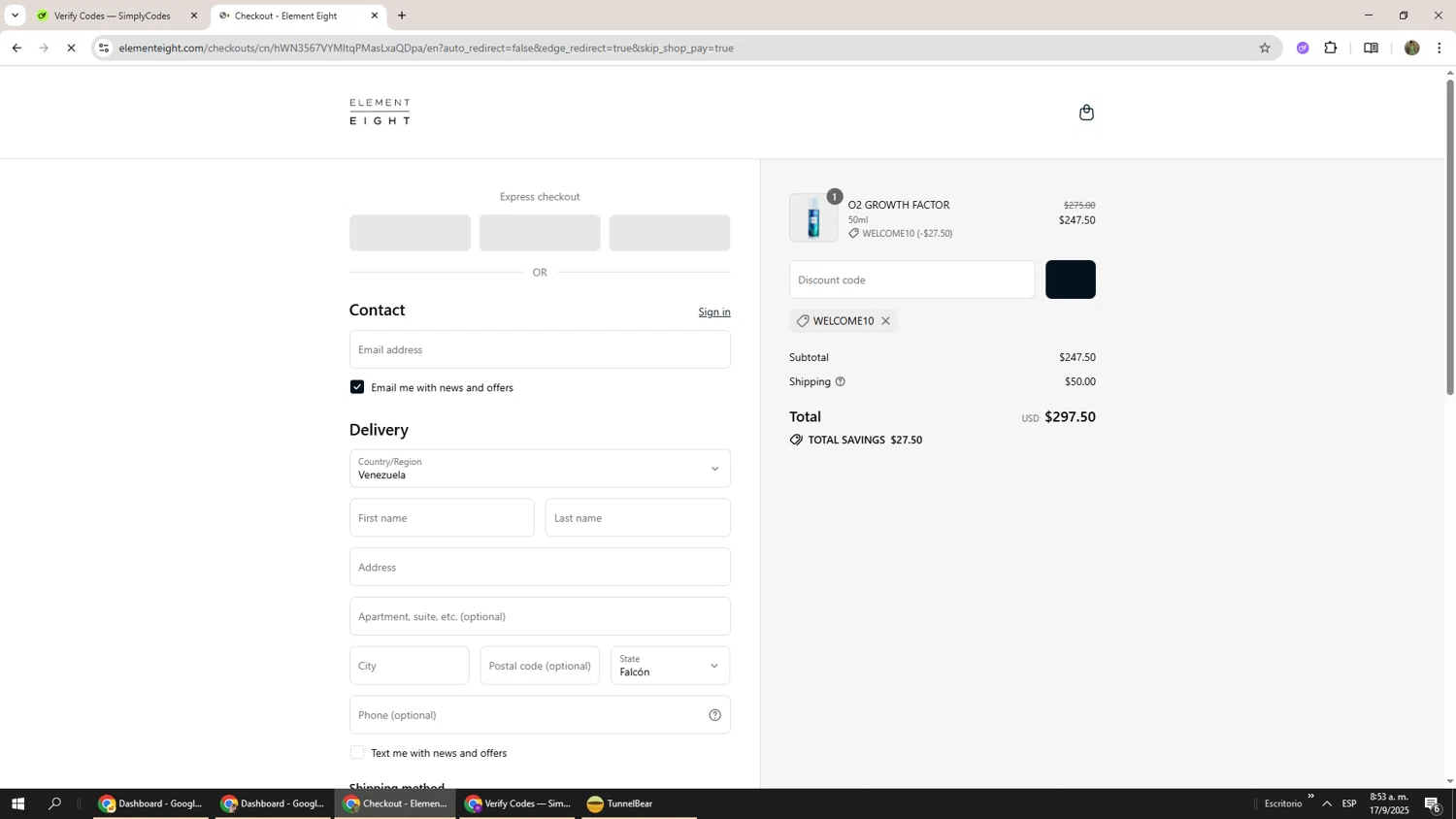 Element Eight promo code screenshot showing code WELCOME10 applied at Element Eight checkout page. Uploaded by SimplyCodes community member Phoenix585 on Sep 17, 2025