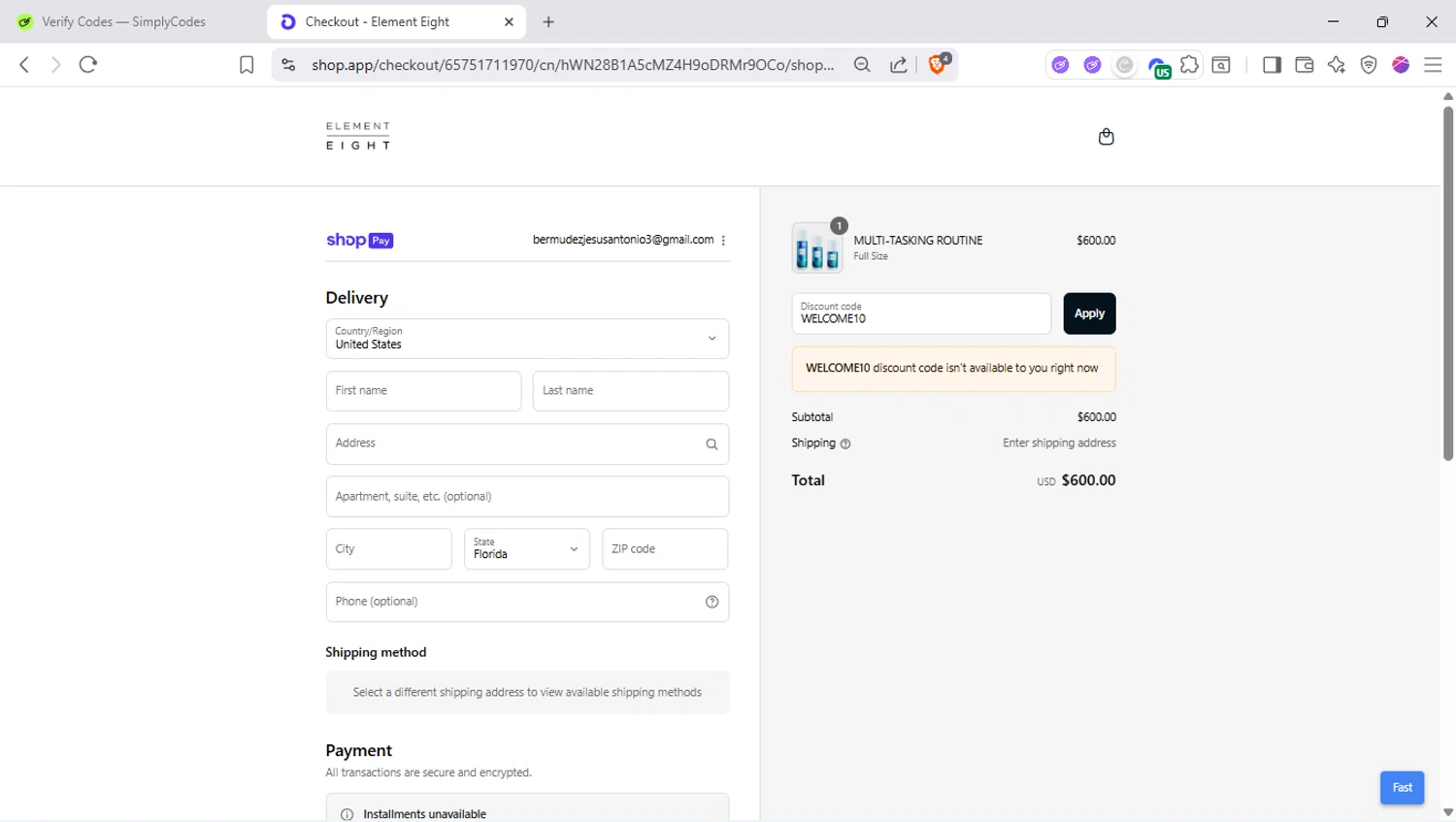Element Eight promo code screenshot showing code WELCOME10 applied at Element Eight checkout page. Uploaded by SimplyCodes community member SapeGato on Aug 23, 2025