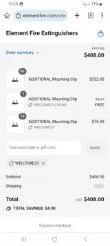 WELCOME23 coupon verification screenshot
