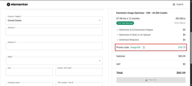 Elementor checkout page showing Elementor discount code box | Screenshot taken by SimplyCodes community member on Sep 7, 2025