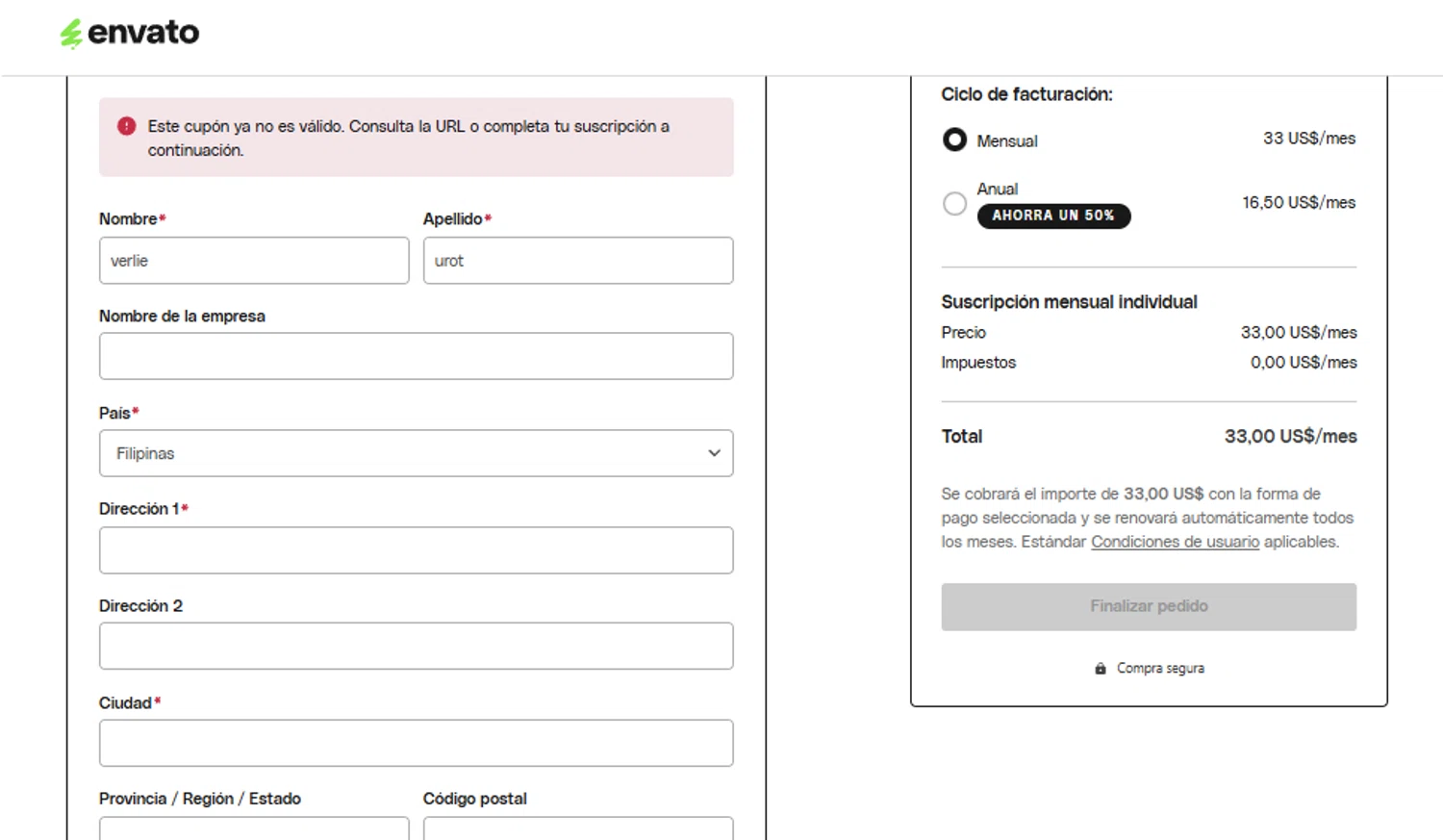 Envato Elements promo code screenshot showing code new-free1-c0jt6r applied at Envato Elements checkout page. Uploaded by SimplyCodes community member SimplyCVerlie on Mar 20, 2025