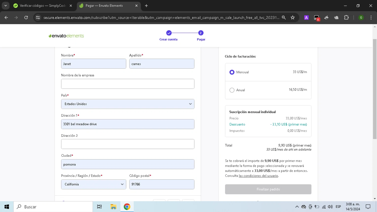Envato Elements checkout page showing Envato Elements promo code box | Screenshot taken by SimplyCodes community member on May 14, 2024