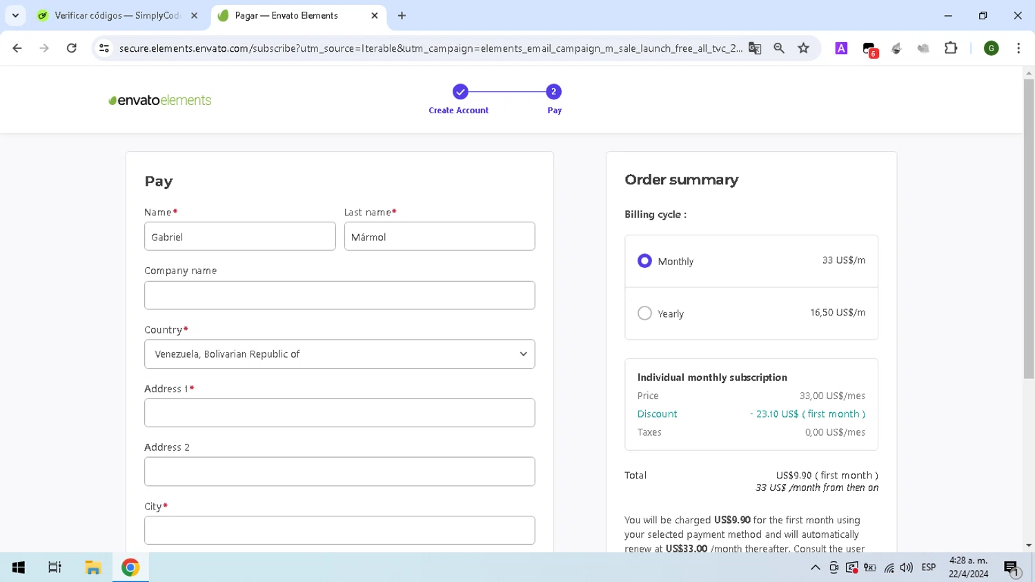 Envato Elements checkout page showing Envato Elements promo code box | Screenshot taken by SimplyCodes community member on Apr 22, 2024