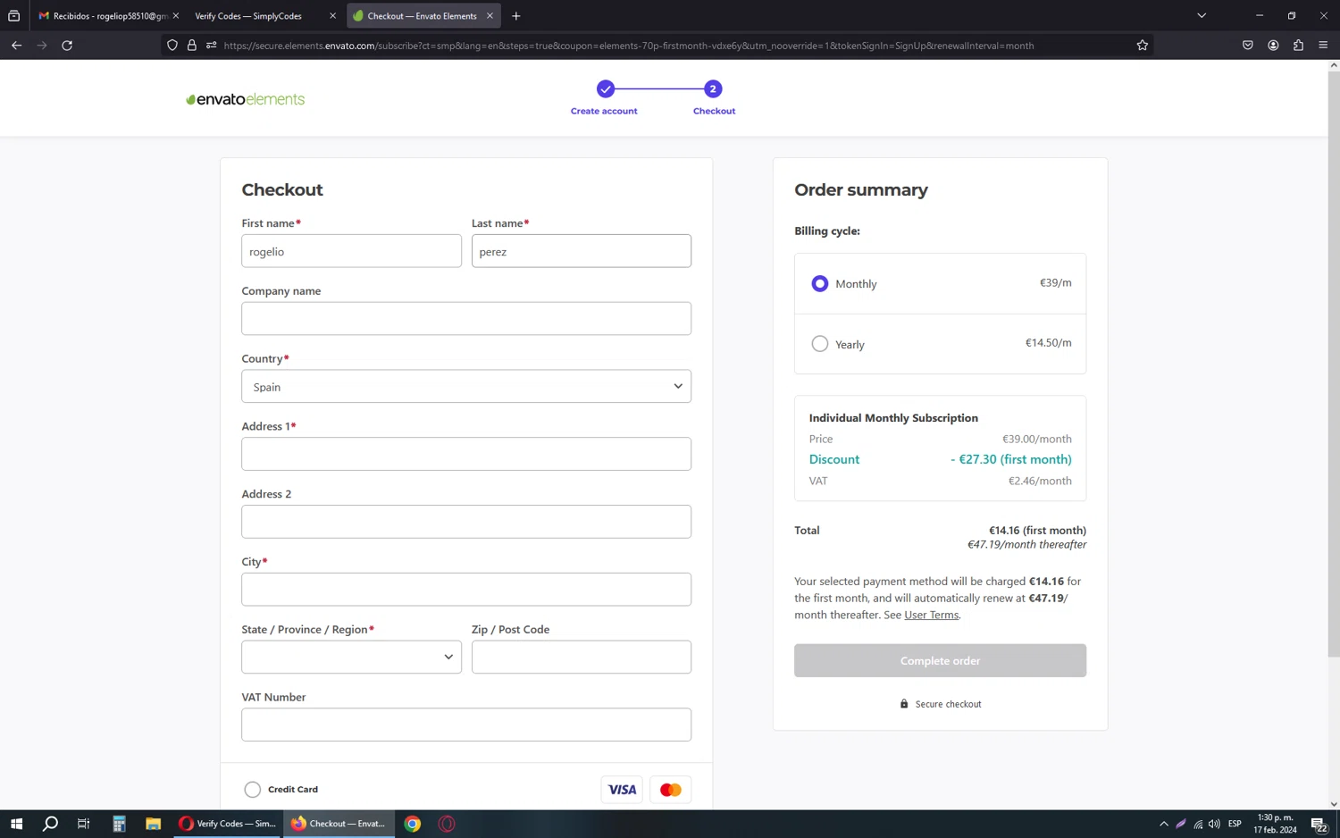 Envato Elements checkout page showing Envato Elements promo code box | Screenshot taken by SimplyCodes community member on Feb 17, 2024