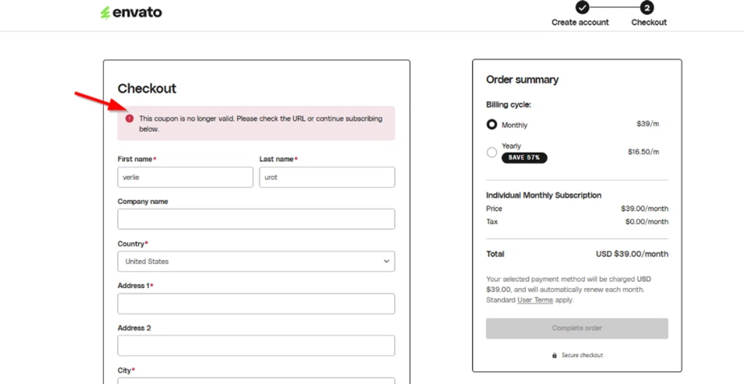 Envato Elements promo code screenshot showing code elements-70p-firstmonth-vdxe6y applied at Envato Elements checkout page. Uploaded by SimplyCodes community member SimplyCVerlie on Feb 25, 2025