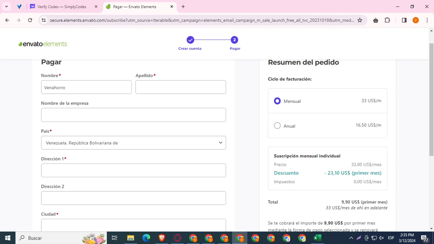 Envato Elements checkout page showing Envato Elements promo code box | Screenshot taken by SimplyCodes community member on Mar 12, 2024