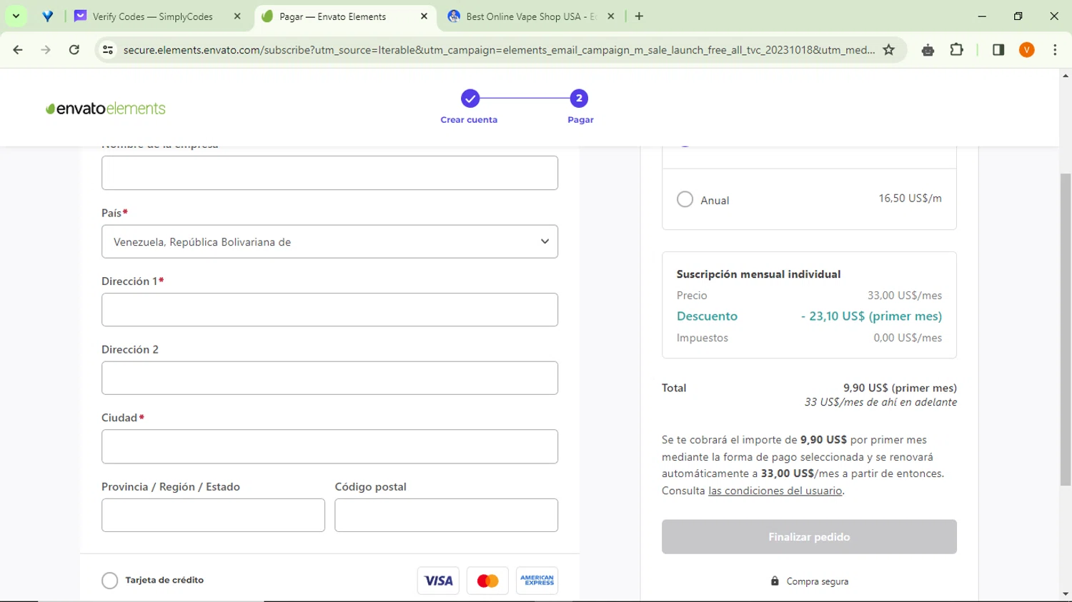 Envato Elements checkout page showing Envato Elements promo code box | Screenshot taken by SimplyCodes community member on Apr 3, 2024