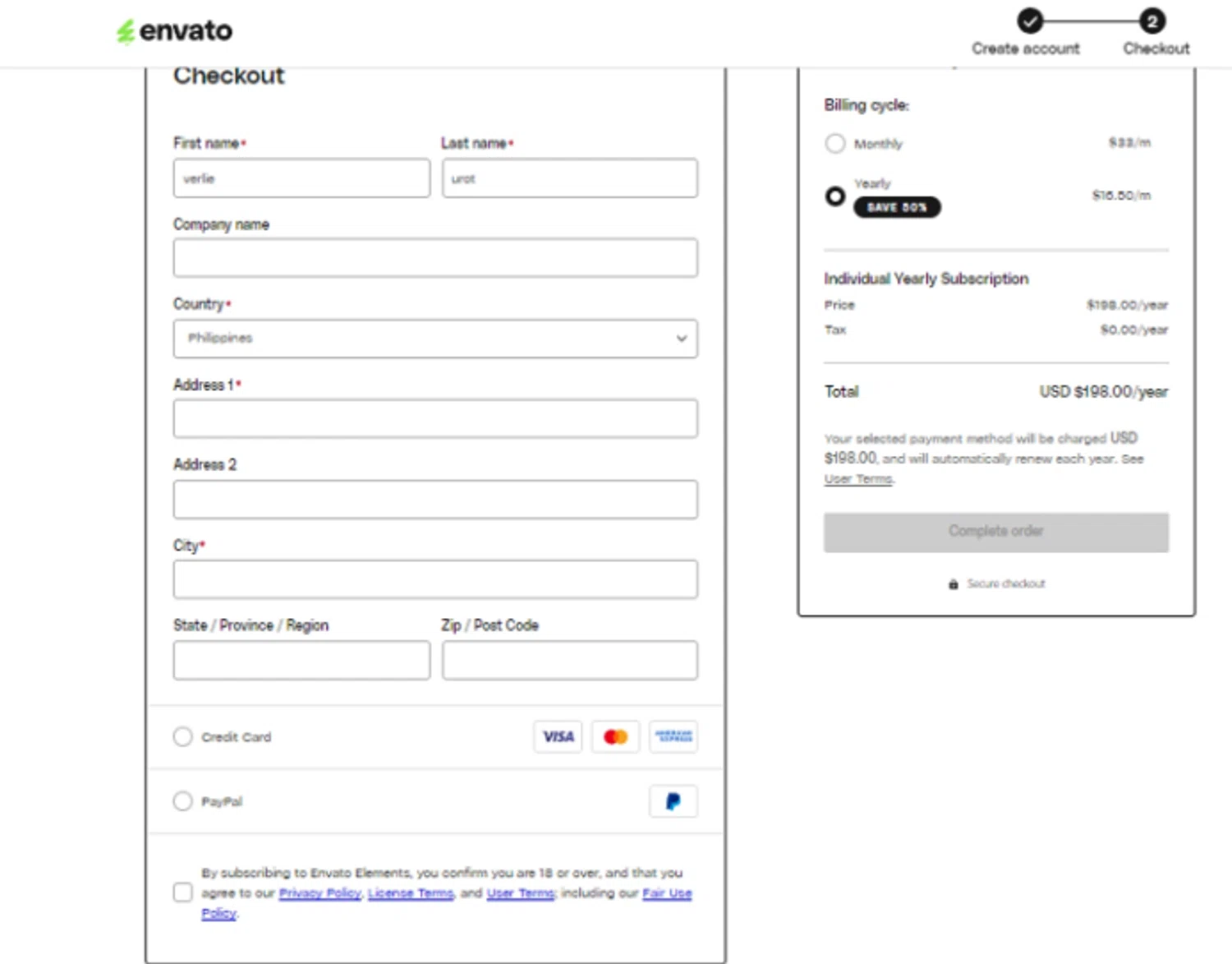 Envato Elements promo code screenshot showing code elements-70p-firstmonth-5bo537 applied at Envato Elements checkout page. Uploaded by SimplyCodes community member SimplyCVerlie on Feb 21, 2025