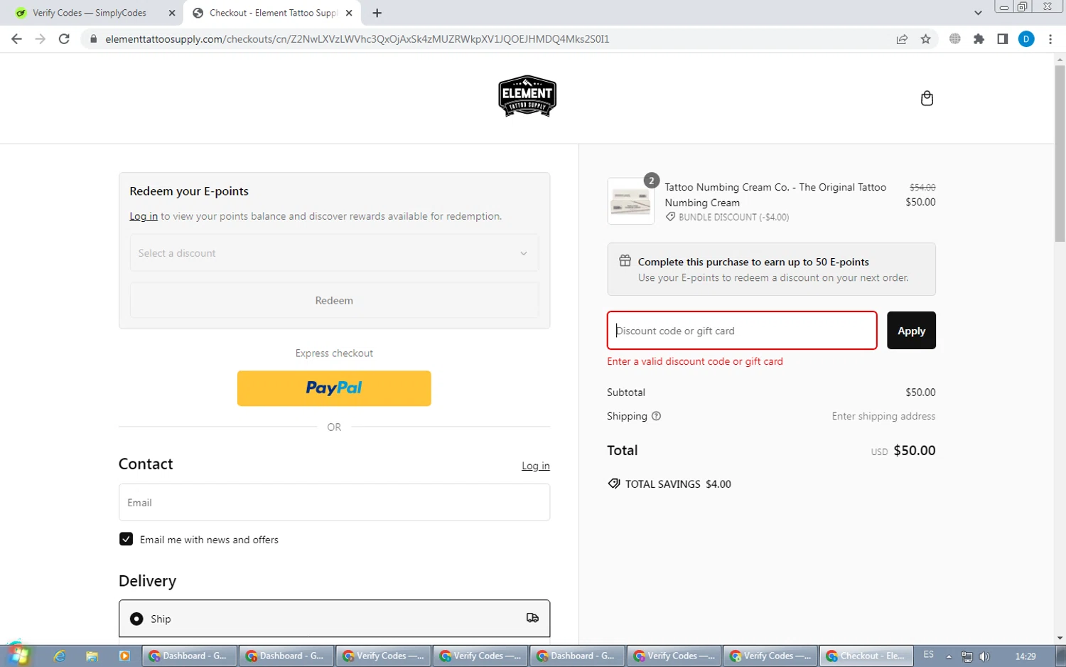Element Tattoo Supply discount code screenshot showing code TATNUM20 applied at Element Tattoo Supply checkout page. Uploaded by SimplyCodes community member LegendaryWarden2503 on Feb 27, 2025