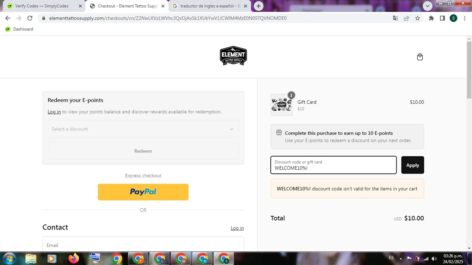 Element Tattoo Supply discount code screenshot showing code WELCOME10%! applied at Element Tattoo Supply checkout page. Uploaded by SimplyCodes community member PromoExpert3105 on Feb 24, 2025