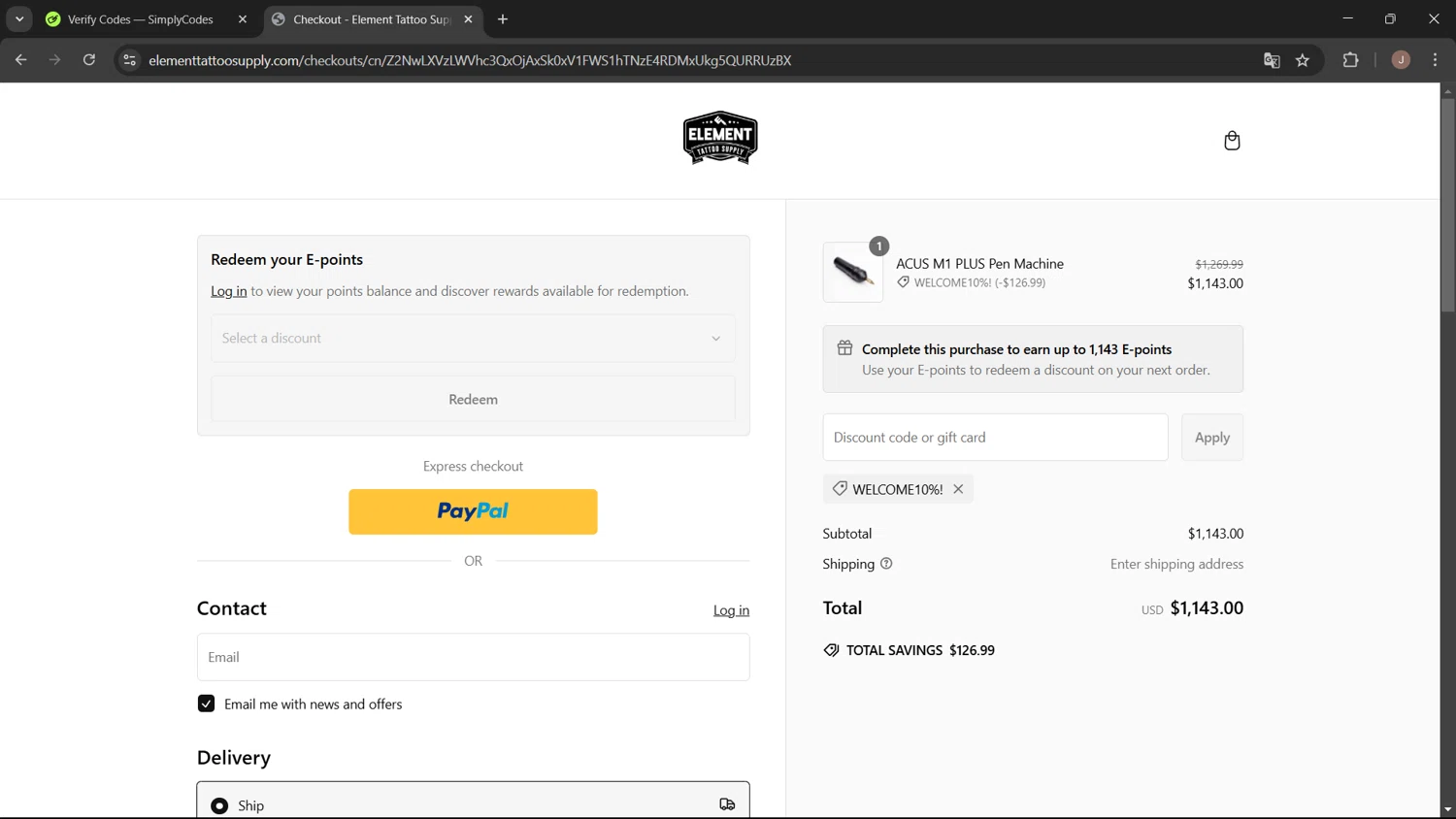 Element Tattoo Supply discount code screenshot showing code WELCOME10%! applied at Element Tattoo Supply checkout page. Uploaded by SimplyCodes community member WisePro3955 on Feb 14, 2025