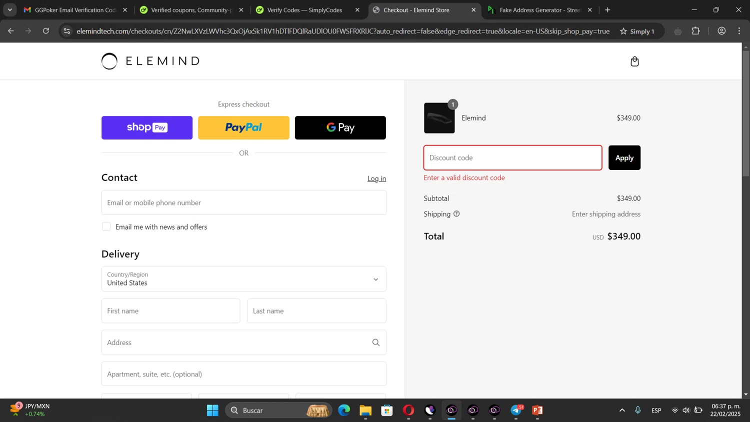 Elemind checkout page showing Elemind discount code box | Screenshot taken by SimplyCodes community member on Feb 22, 2025