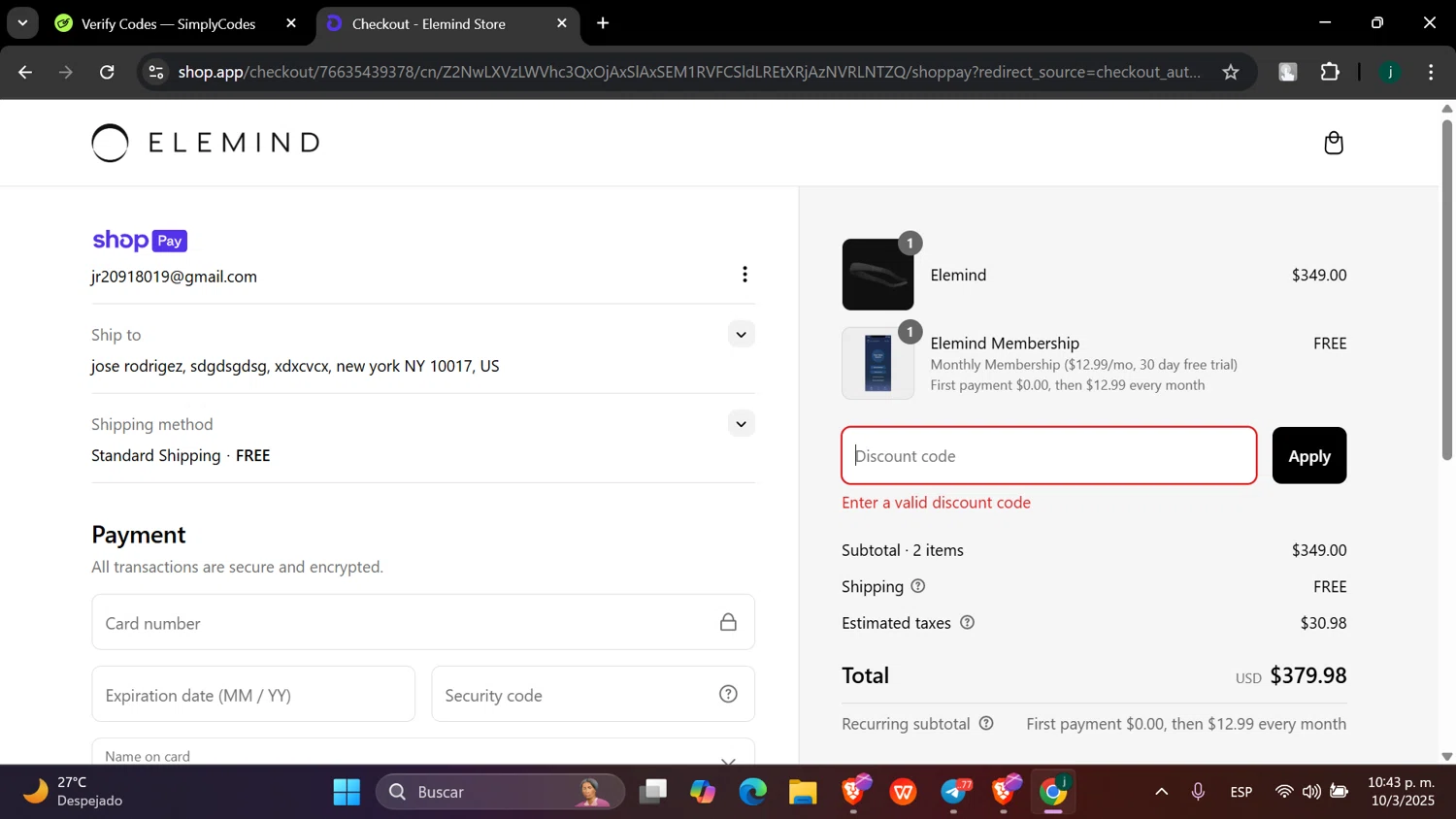 Elemind discount code screenshot showing code SIMPLYCODES applied at Elemind checkout page. Uploaded by SimplyCodes community member hanzell03 on Mar 11, 2025