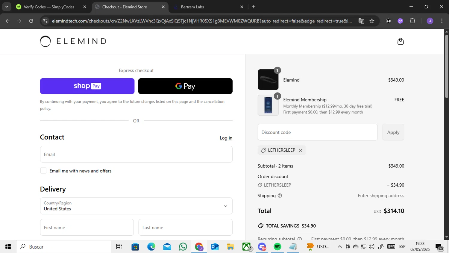 Elemind checkout page showing Elemind discount code box | Screenshot taken by SimplyCodes community member on May 2, 2025