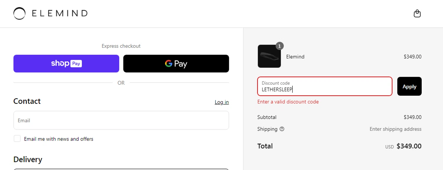 Elemind discount code screenshot showing code LETHERSLEEP applied at Elemind checkout page. Uploaded by SimplyCodes community member luisdavidbracho on May 31, 2025