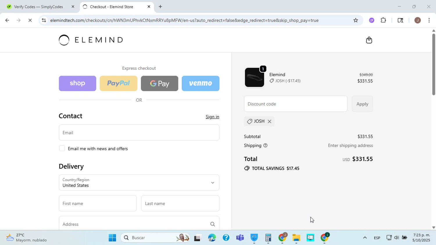 Elemind checkout page showing Elemind discount code box | Screenshot taken by SimplyCodes community member on Oct 5, 2025