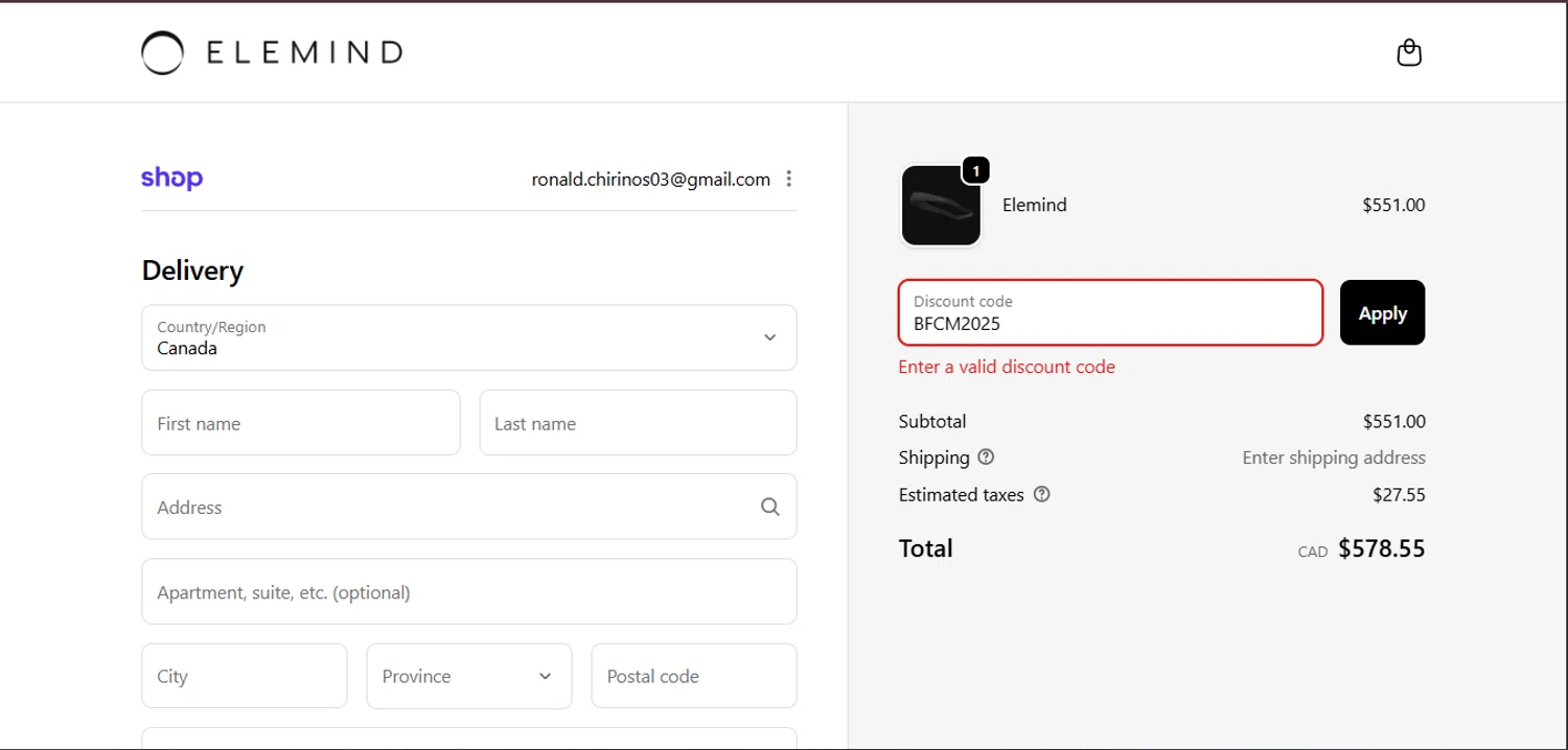 Elemind discount code screenshot showing code BFCM2025 applied at Elemind checkout page. Uploaded by SimplyCodes community member CleverGenius9882 on Feb 13, 2026