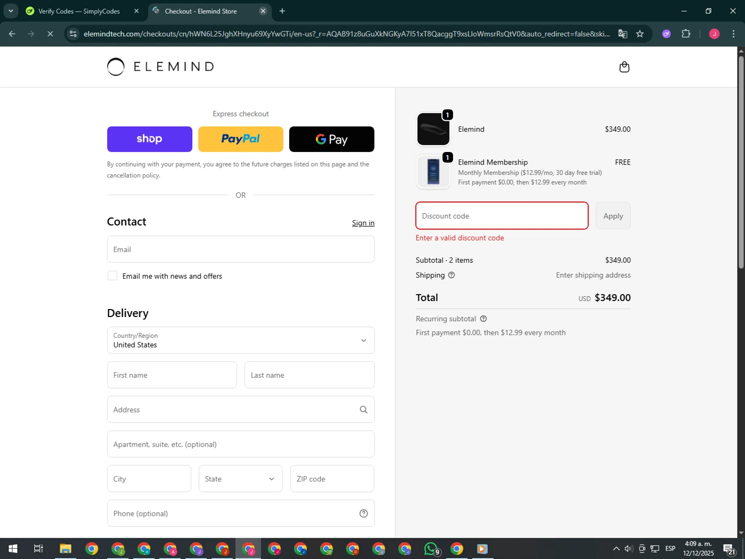 Elemind discount code screenshot showing code BFCM2025 applied at Elemind checkout page. Uploaded by SimplyCodes community member CleverShopper2101 on Dec 12, 2025