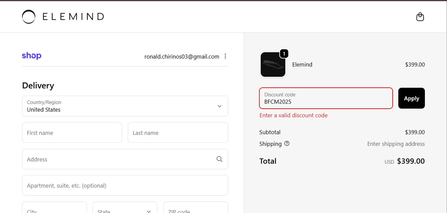 Elemind discount code screenshot showing code BFCM2025 applied at Elemind checkout page. Uploaded by SimplyCodes community member ValiantMaverick169 on Feb 7, 2026