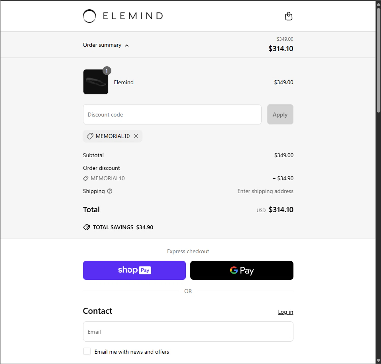 Elemind discount code screenshot showing code MEMORIAL10 applied at Elemind checkout page. Uploaded by SimplyCodes community member PillarsofCreation on May 26, 2025