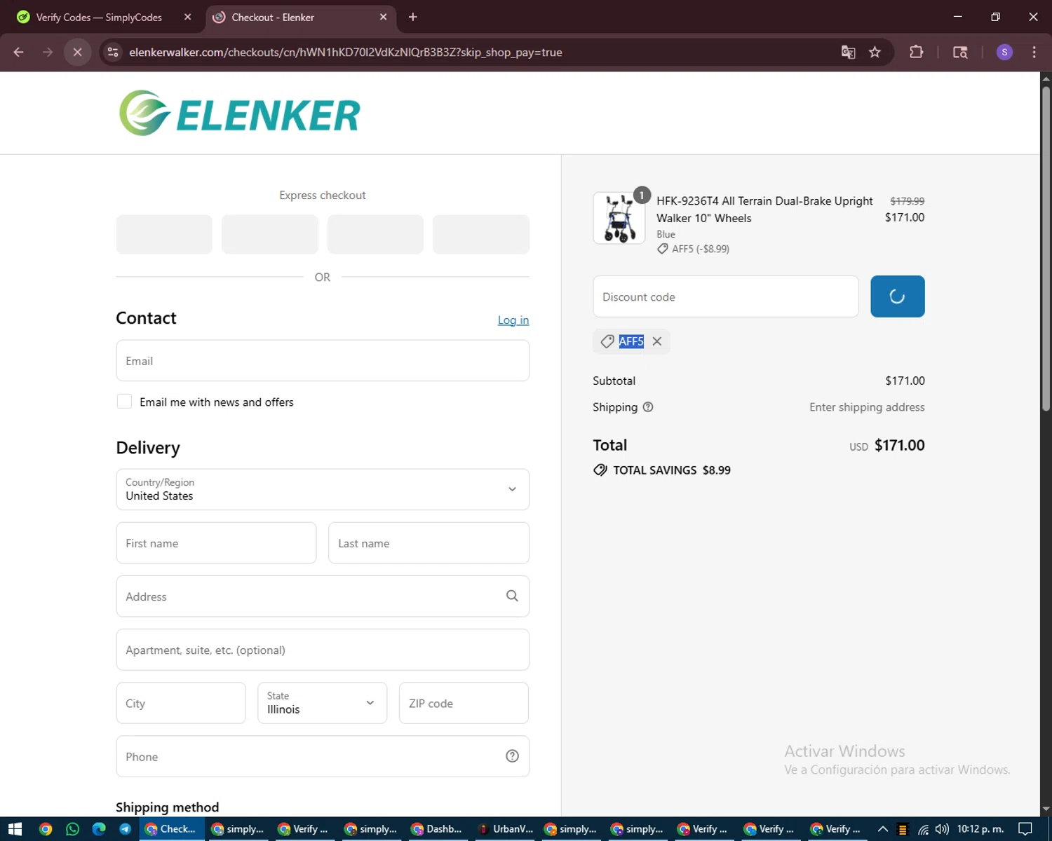 Elenker discount code screenshot showing code AFF5 applied at Elenker checkout page. Uploaded by SimplyCodes community member LuckyVoyager688 on Aug 12, 2025