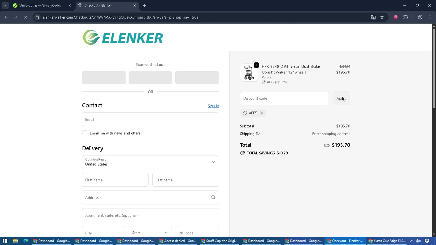 Elenker discount code screenshot showing code AFF5 applied at Elenker checkout page. Uploaded by SimplyCodes community member PromoScout8746 on Oct 26, 2025