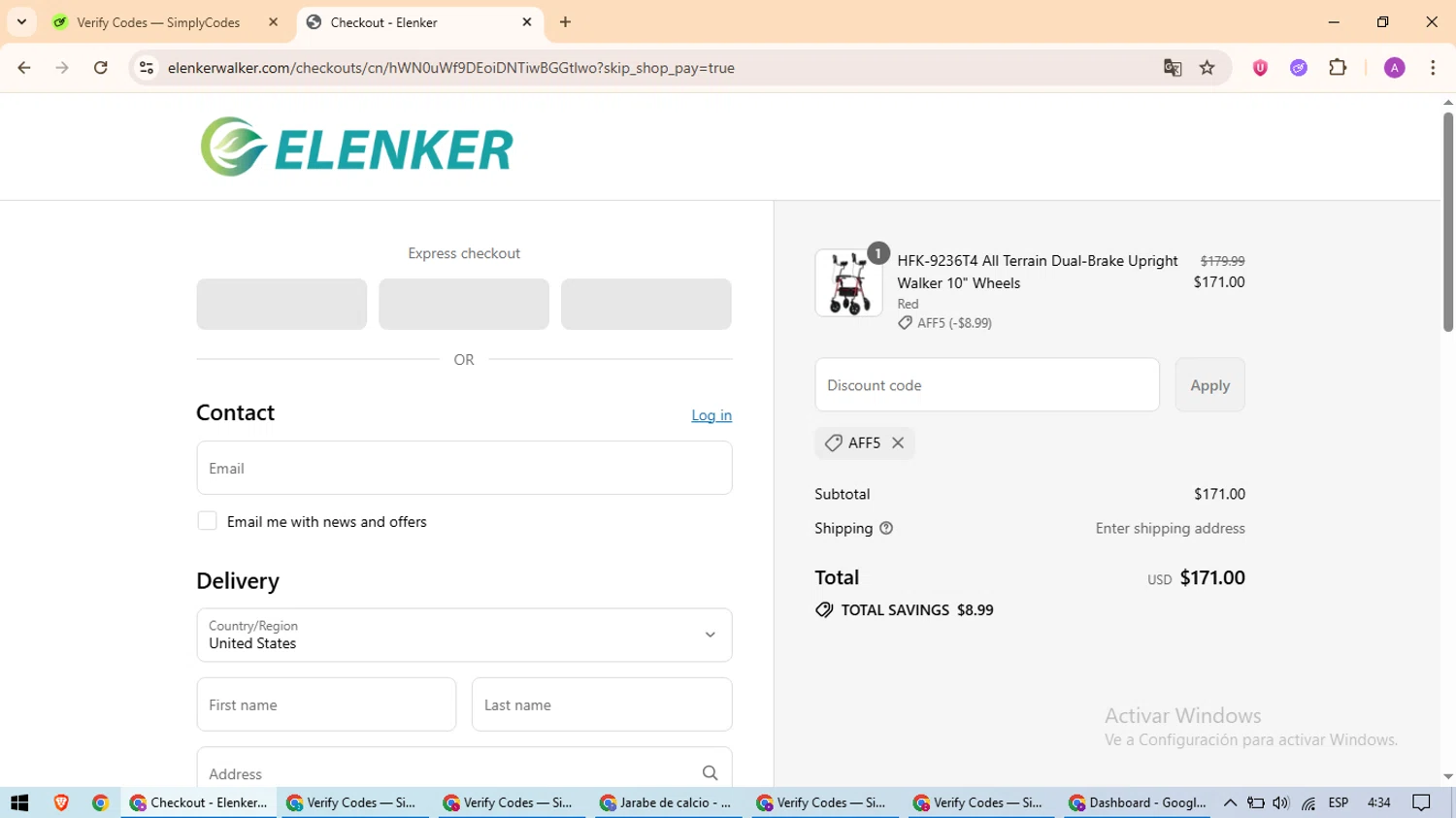 Elenker discount code screenshot showing code AFF5 applied at Elenker checkout page. Uploaded by SimplyCodes community member ScanExpert2824 on Jul 22, 2025