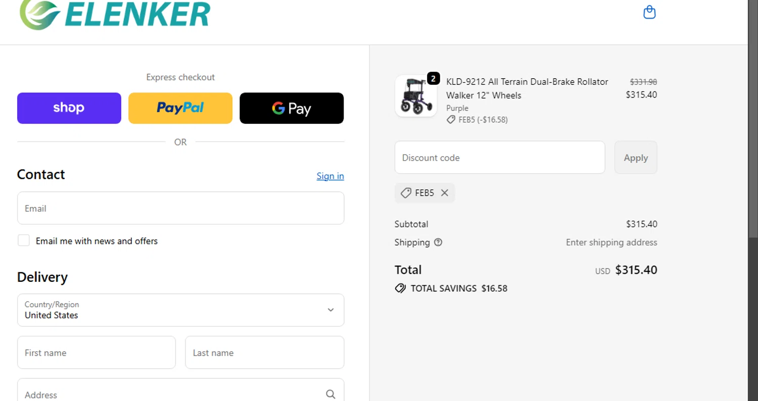 Elenker discount code screenshot showing code FEB5 applied at Elenker checkout page. Uploaded by SimplyCodes community member LALOCOMOTORA10 on Oct 26, 2025