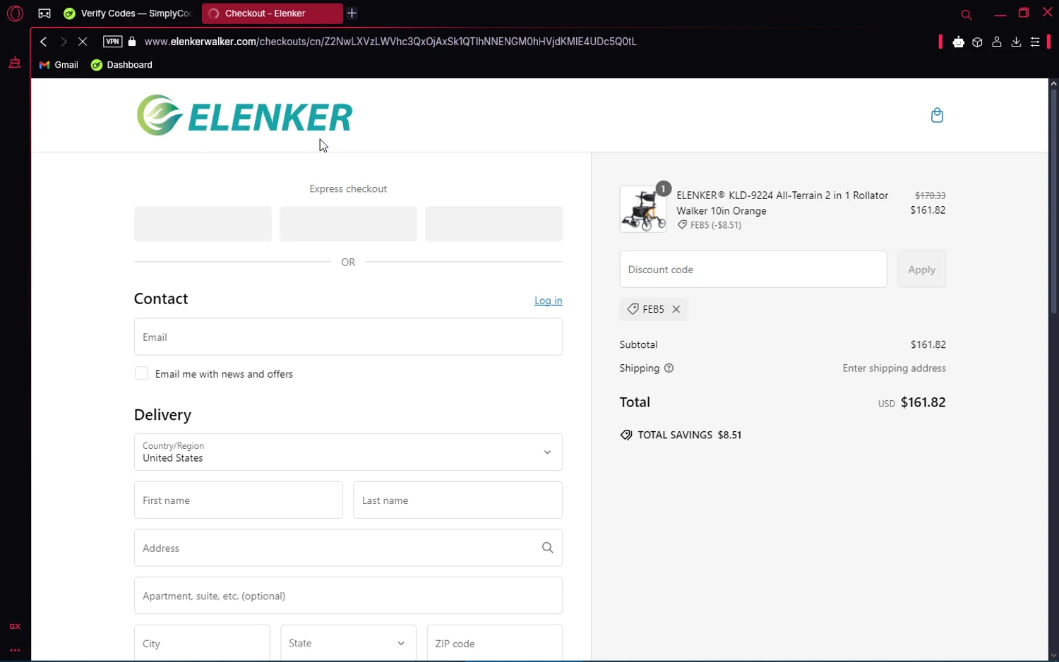 Elenker discount code screenshot showing code FEB5 applied at Elenker checkout page. Uploaded by SimplyCodes community member VoucherAce8469 on Feb 22, 2025