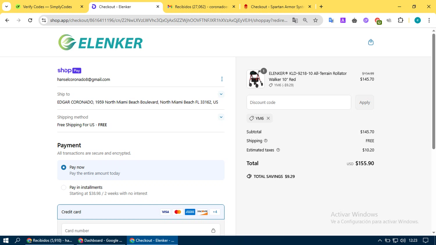 Elenker discount code screenshot showing code Ym6 applied at Elenker checkout page. Uploaded by SimplyCodes community member BonusVoyager4214 on May 23, 2025
