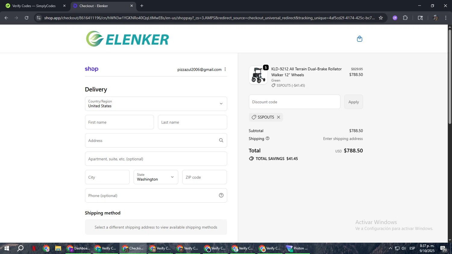 Elenker discount code screenshot showing code SSPOUT5 applied at Elenker checkout page. Uploaded by SimplyCodes community member xxdddd on Oct 10, 2025