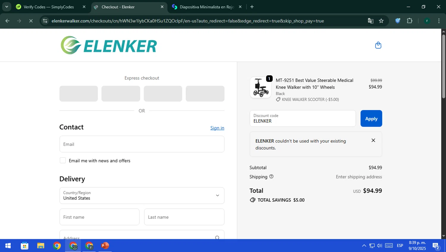 Elenker discount code screenshot showing code ELENKER applied at Elenker checkout page. Uploaded by SimplyCodes community member rodri1 on Oct 10, 2025