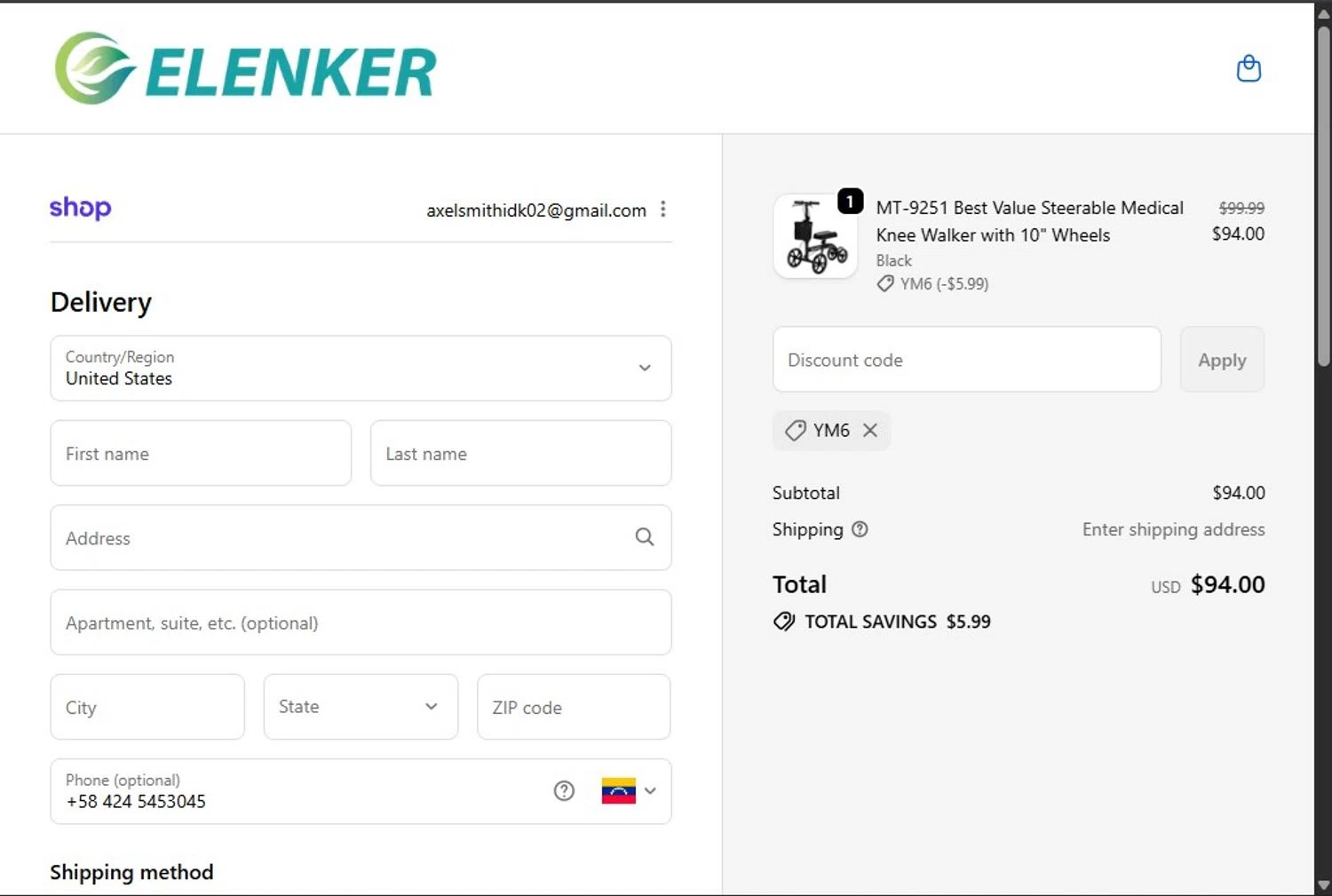 Elenker discount code screenshot showing code YM6 applied at Elenker checkout page. Uploaded by SimplyCodes community member Axlqbi on Oct 9, 2025