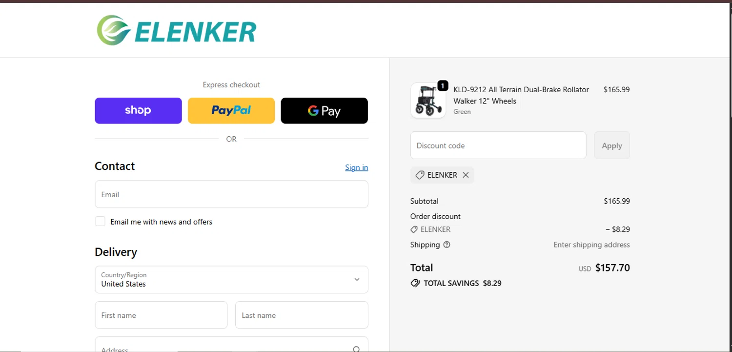 Elenker discount code screenshot showing code ELENKER applied at Elenker checkout page. Uploaded by SimplyCodes community member juanisaac on Oct 10, 2025