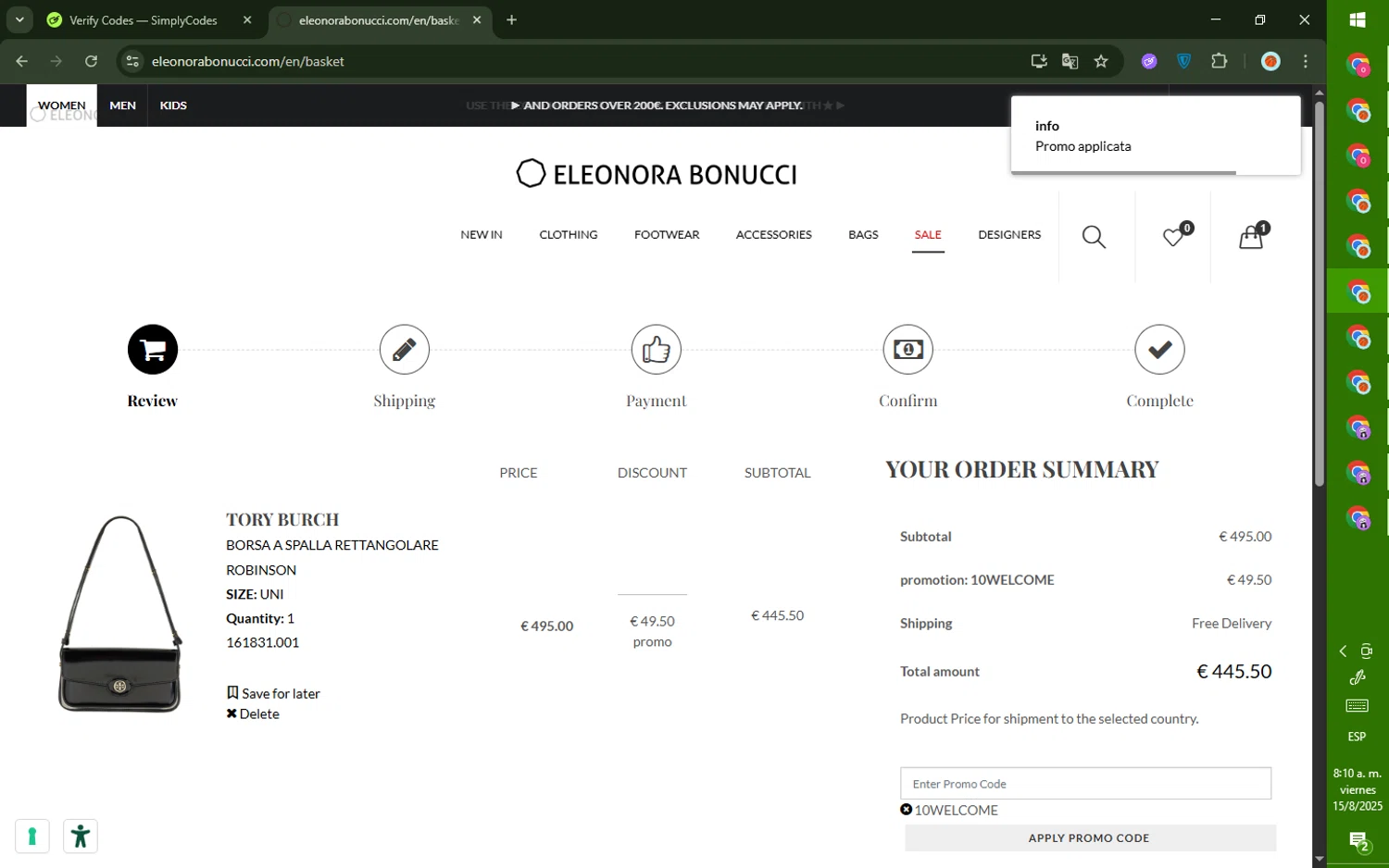 Eleonora Bonucci promo code screenshot showing code 10WELCOME applied at Eleonora Bonucci checkout page. Uploaded by SimplyCodes community member CashMaverick8128 on Aug 15, 2025