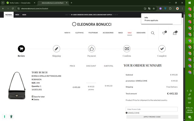 Eleonora Bonucci checkout page showing Eleonora Bonucci promo code box | Screenshot taken by SimplyCodes community member on Aug 15, 2025