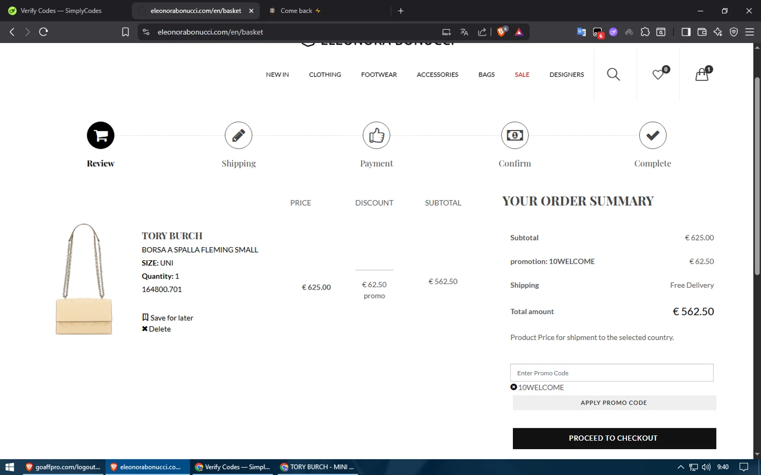 Eleonora Bonucci promo code screenshot showing code 10WELCOME applied at Eleonora Bonucci checkout page. Uploaded by SimplyCodes community member ShieldElite2370 on Jul 22, 2025