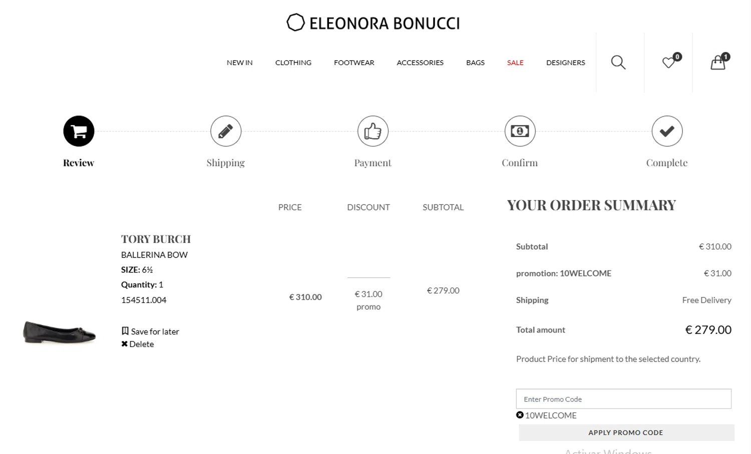 Eleonora Bonucci promo code screenshot showing code 10WELCOME applied at Eleonora Bonucci checkout page. Uploaded by SimplyCodes community member SmartNavigator7010 on Jul 22, 2025