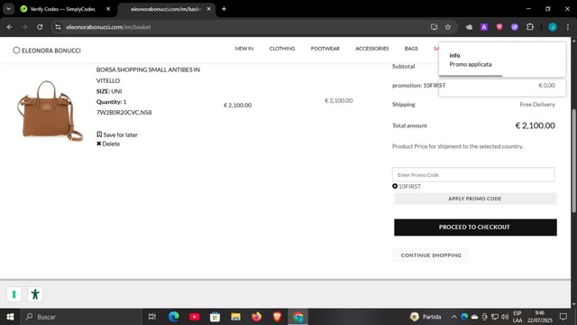 Eleonora Bonucci checkout page showing Eleonora Bonucci promo code box | Screenshot taken by SimplyCodes community member on Jul 22, 2025