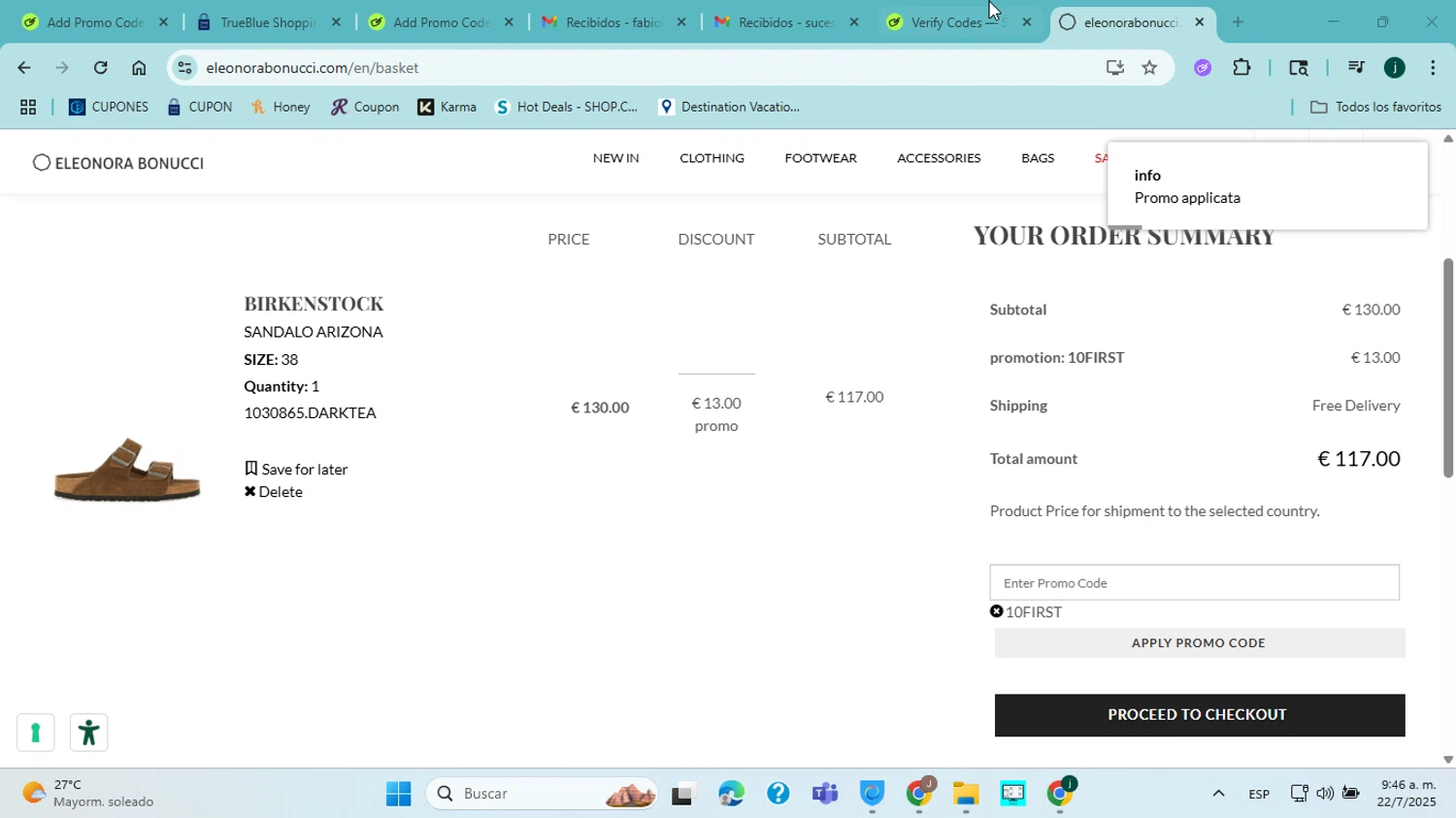 Eleonora Bonucci promo code screenshot showing code 10FIRST applied at Eleonora Bonucci checkout page. Uploaded by SimplyCodes community member jorgejavierherrera on Jul 22, 2025